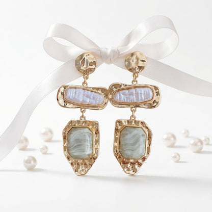 Vintage Layered Baroque Pearl Agate Drop Earrings 14K Gold Plated Textured Dangle Earrings for Women - EH5797