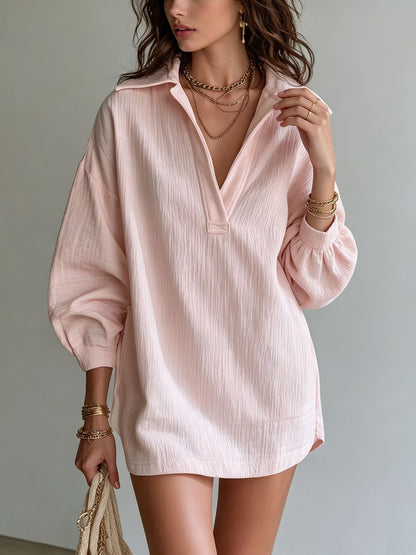Robe Tunique Col V Texture Crinkle Femme Manches Longues Ample Décontractée Mini-Robe