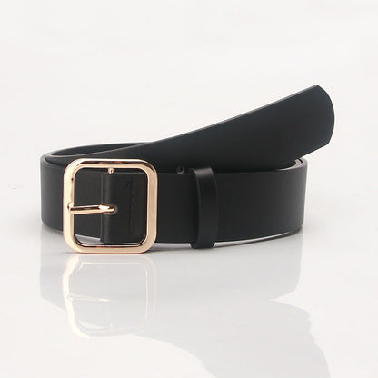Women’s Minimalist Square Metal Buckle Leather Belt Casual Solid Waist Cinch Belt - Gold buckle black