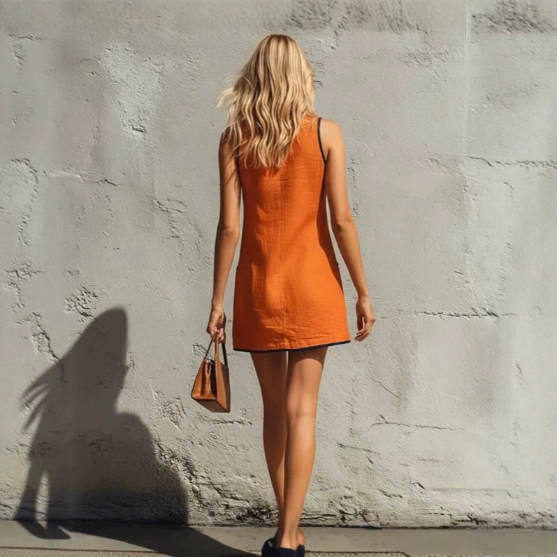 Sleeveless Button Front Casual Mini Dress with Pockets