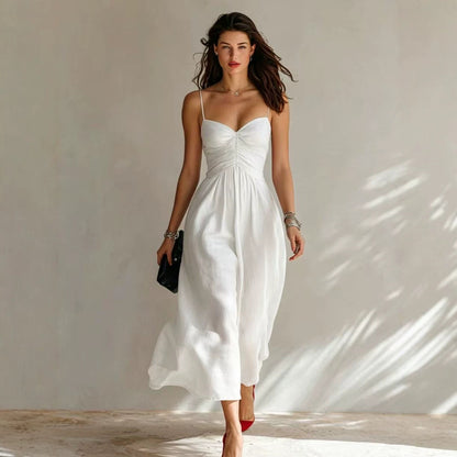 Linen Spaghetti Strap Sweetheart Ruched Bust Flowy Midi Dress