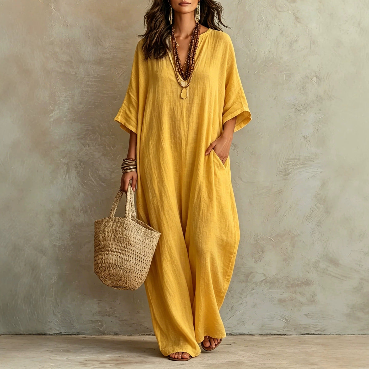 Robe Kaftan Longue Ample en Mélange de Lin à Manches Courtes Col V et Poches