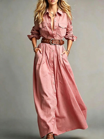 Robe longue boutonnée à col revers pour femme, à manches longues et coupe trapèze, avec poches
