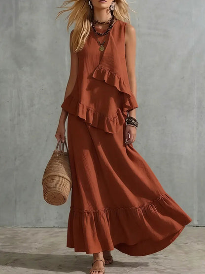 Asymmetrical Ruffle Sleeveless Textured Maxi Dress, Flowy Loose Summer Resort Long Dress
