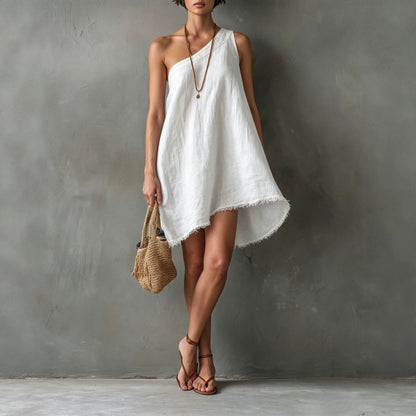 Linen One Shoulder Frayed Hem Asymmetrical Mini Swing Dress