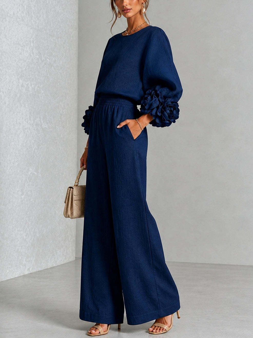 Pink Top Featuring Striking Floral Cuffs Paired With Wide-leg Pants Suit