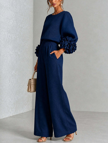 Pink Top Featuring Striking Floral Cuffs Paired With Wide-leg Pants Suit