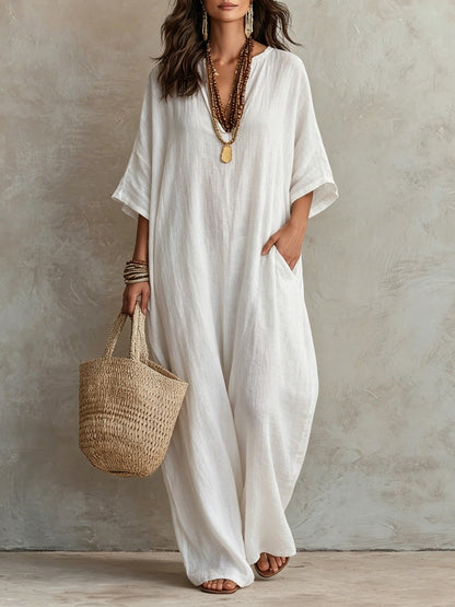 Robe Kaftan Longue Ample en Mélange de Lin à Manches Courtes Col V et Poches