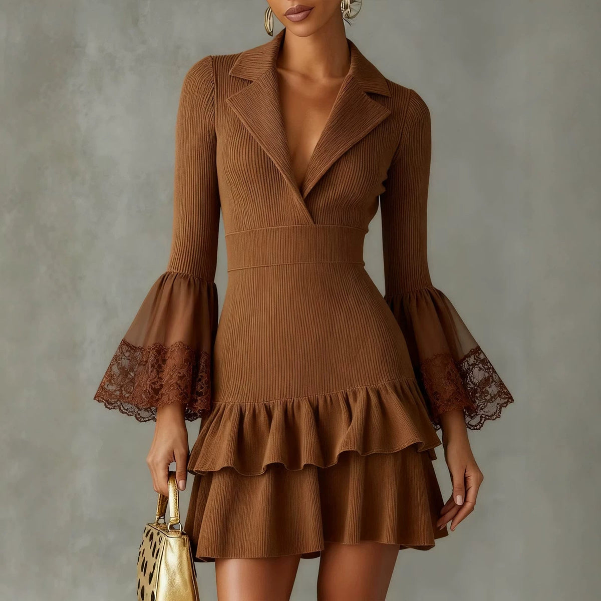 Robe Courte en Maille Côtelée Col Blazer avec Manches Évasées en Dentelle