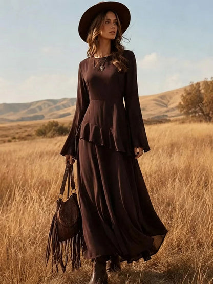 Asymmetrical Ruffle Long‑Sleeve Chiffon Maxi Dress - dark brown / S