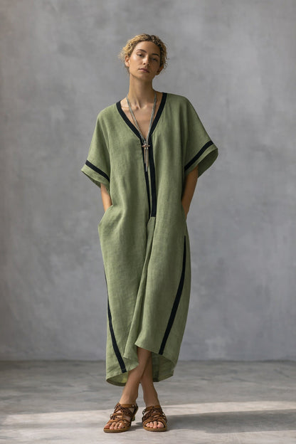 Robe caftan à col V en mélange de lin