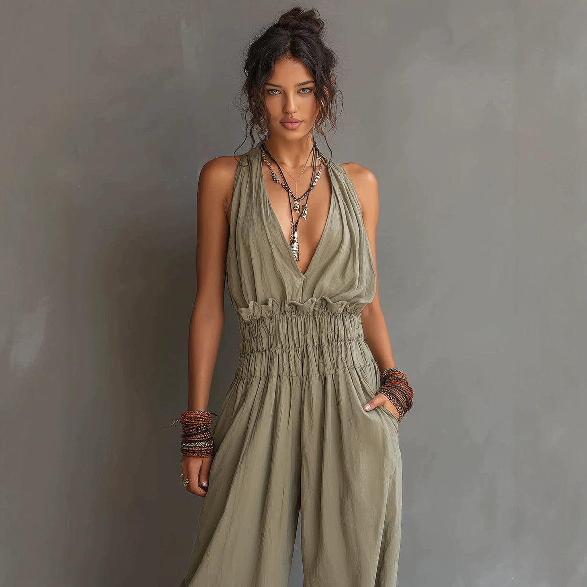 Halter Deep V Smocked Elastic Waist Wide Leg Palazzo Jumpsuit