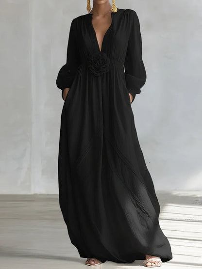 Long Puff Sleeve Textured Fabric Flowy Wedding Guest Dress with Side Pockets