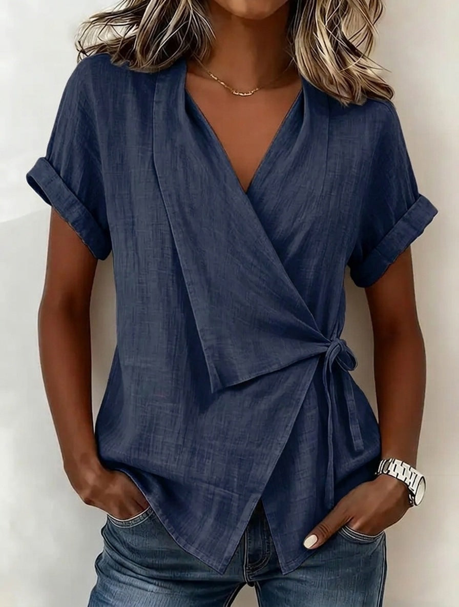 Wrap Tie Waist Linen Blend Short Sleeve V-Neck Blouse