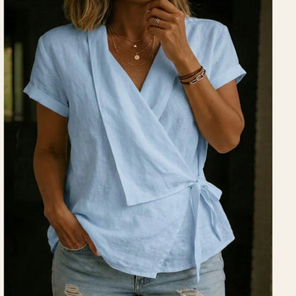 Wrap Tie Waist Linen Blend Short Sleeve V-Neck Blouse