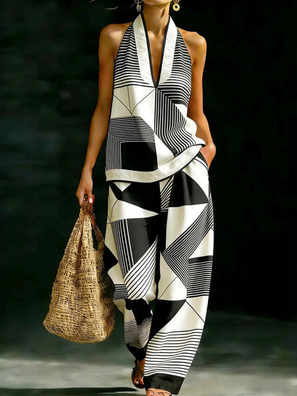 Geometric Print Halter V-Neck Sleeveless Top & Wide Leg Pants Two Piece Set