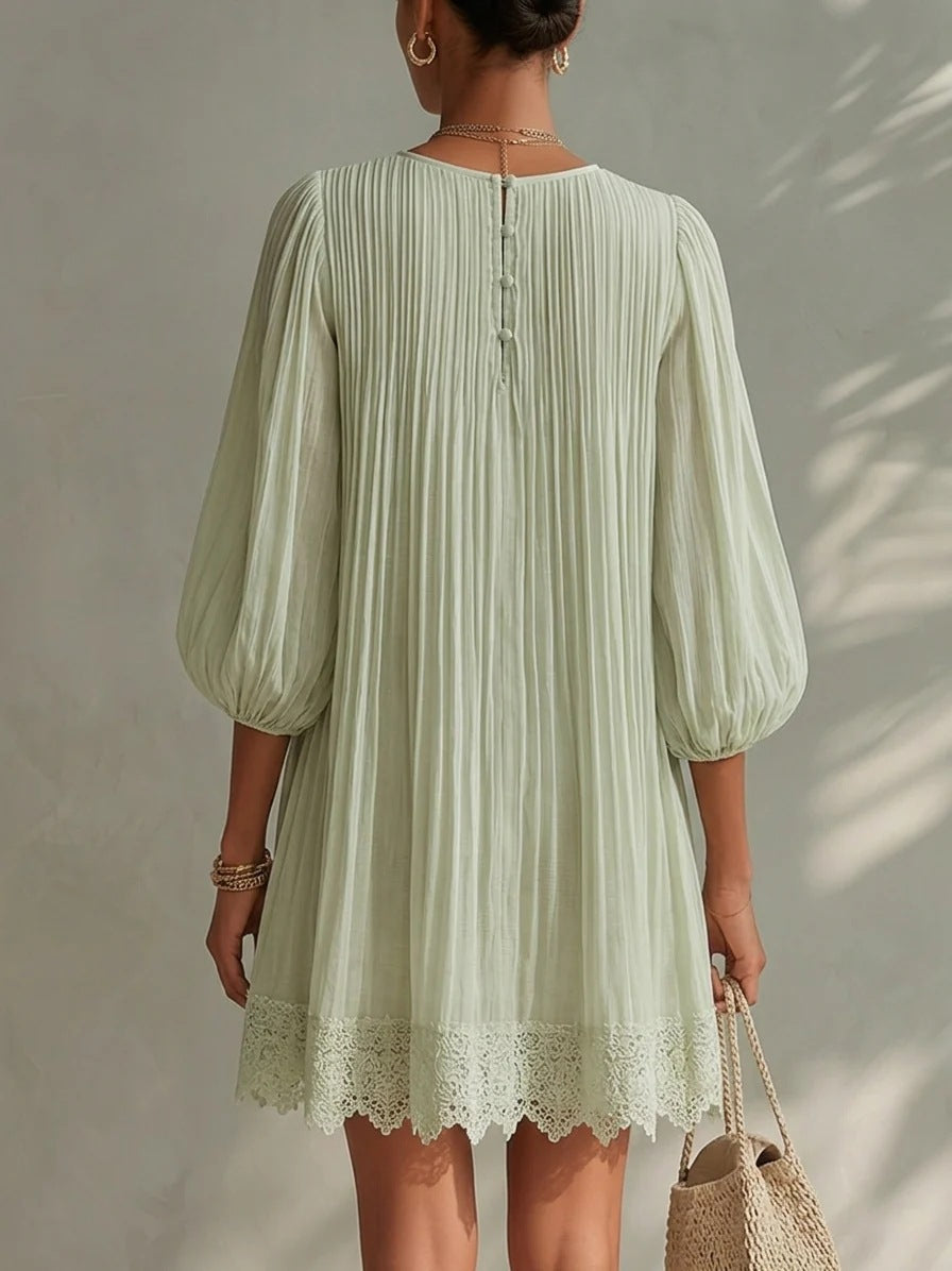 Mini-robe bohème à bordure en dentelle pour femme, col en V, manches ballon, robe de vacances ample