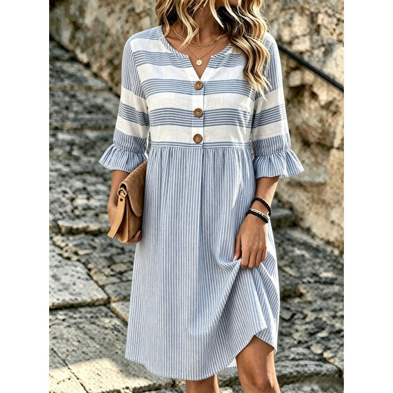 Robe mi-longue en lin mélangé à imprimé rayé et motifs mélangés Stripe