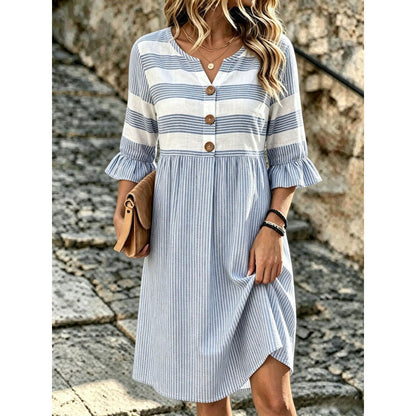 Robe mi-longue en lin mélangé à imprimé rayé et motifs mélangés Stripe