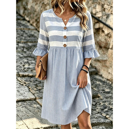 Stripe Mixed Print Linen‑Blend Midi Dress