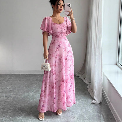 Floral Print Ruched Flutter Sleeve Maxi Dress