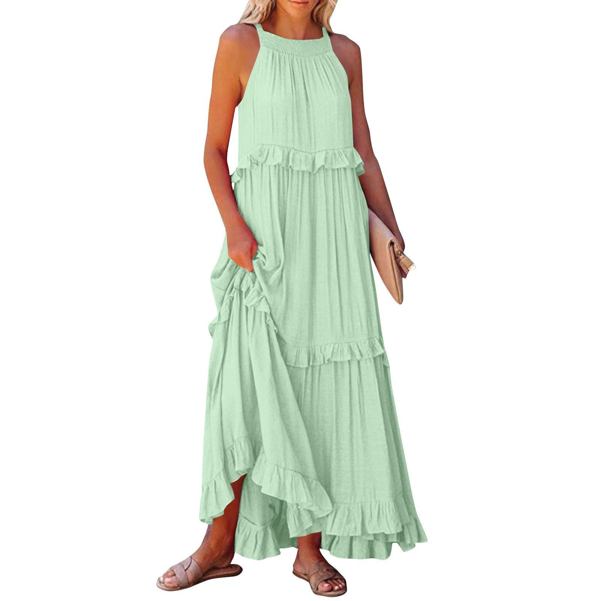 Halter Ruffle Tiered Flowy Maxi Dress