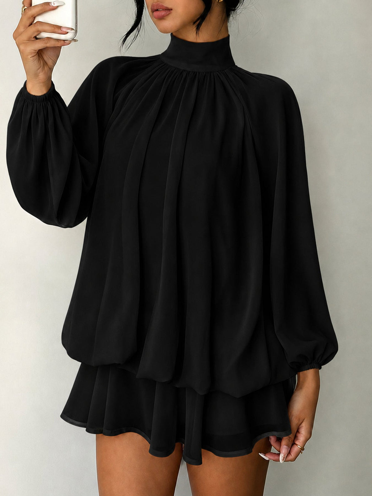 Mock Neck Long Sleeve Skort Dress Women Solid Ruffle Layer Hem Loose Casual Mini Dress - Black / XS