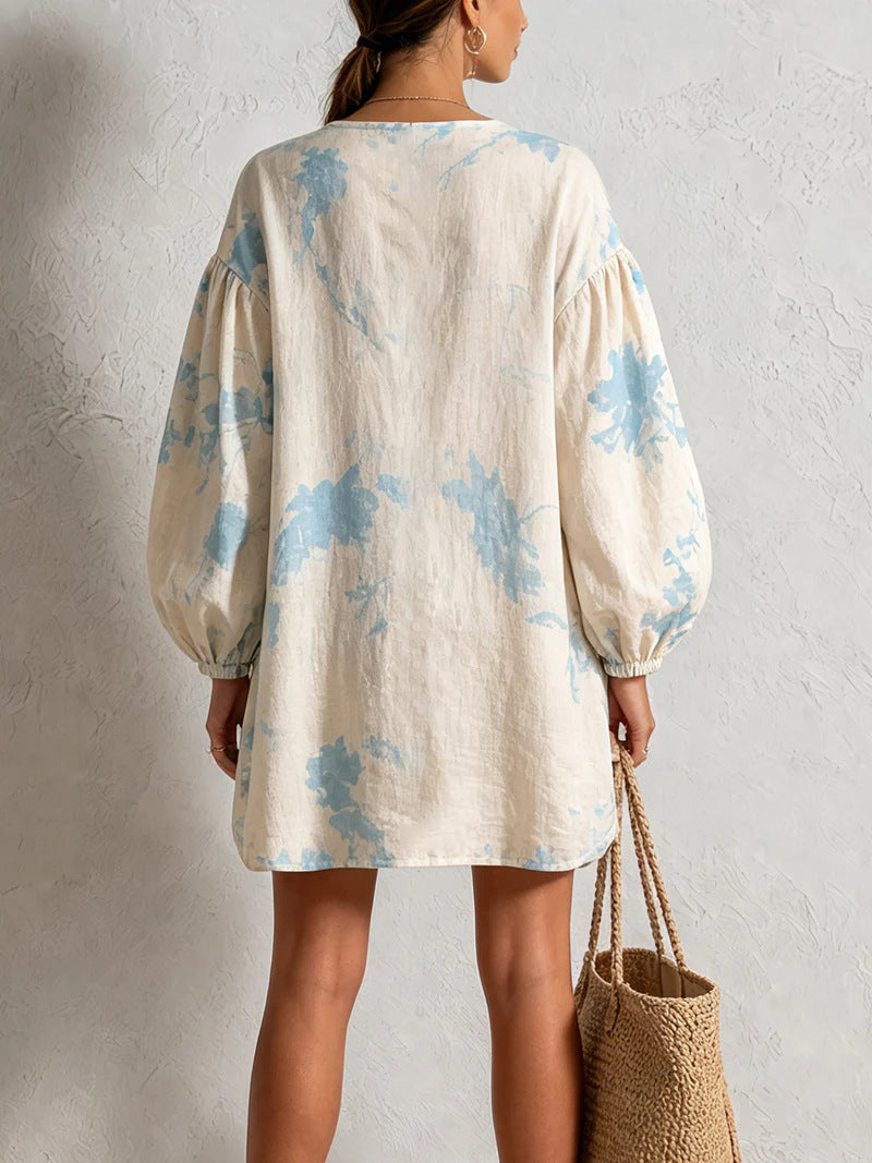 Mini-robe chemise boutonnée en mélange de lin à imprimé floral
