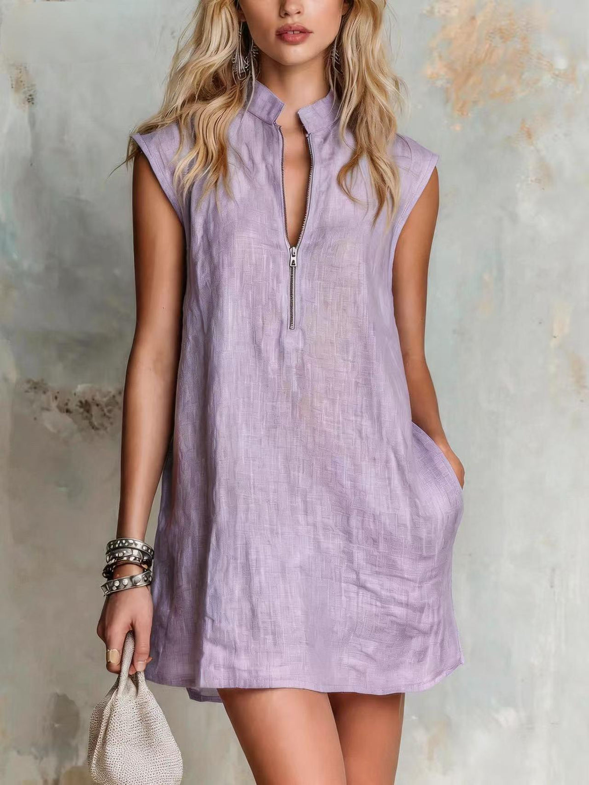 Linen Stand Collar Half Zip Sleeveless Pocket Mini Shift Dress