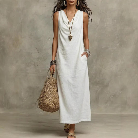 🌟 Robe longue en lin sans manches : le style bohème-chic sans effort pour toutes les occasions