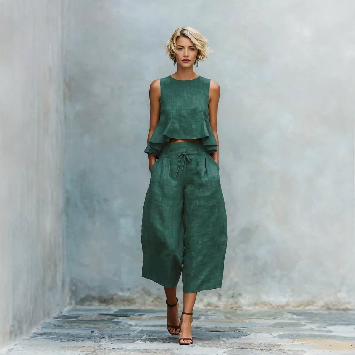 Linen Ruffle Crop Top Tie Waist Culotte Two Piece Set