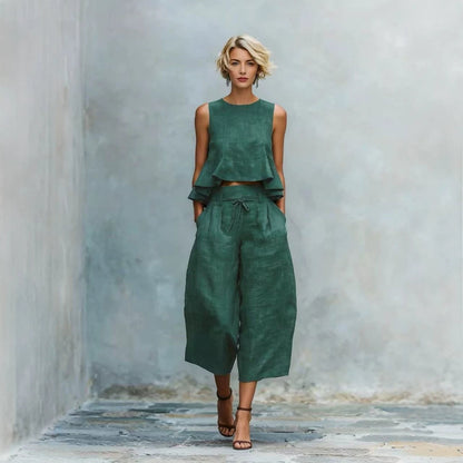 Linen Ruffle Crop Top Tie Waist Culotte Two Piece Set