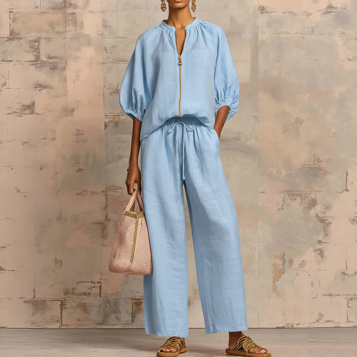 Nouveautés🔥 Ensemble deux‑pièces en lin et coton : chemise zippée élégante et confortable et pantalon à jambes larges