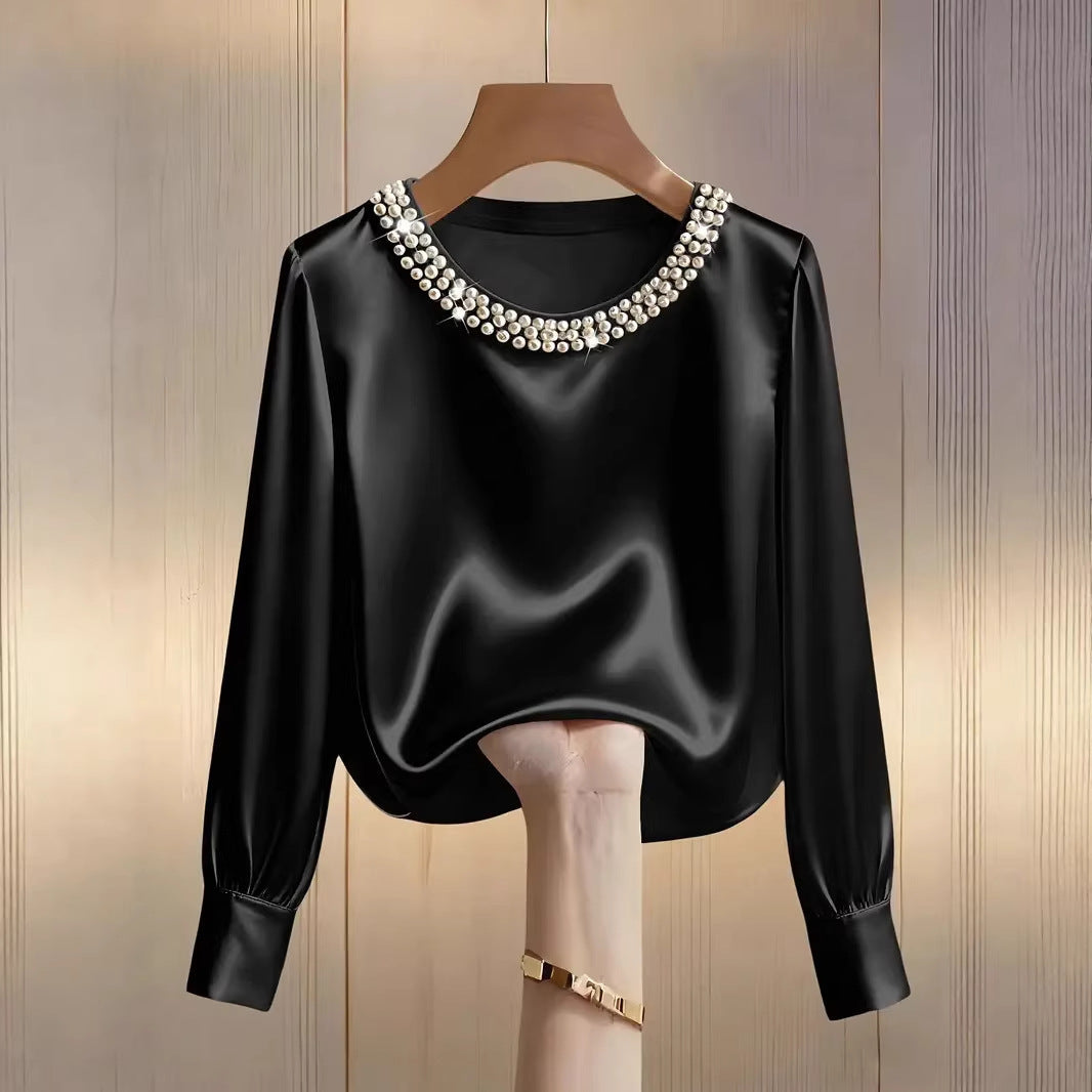 blouse femme ajustée à col perlé en satin luxueux, manches longues