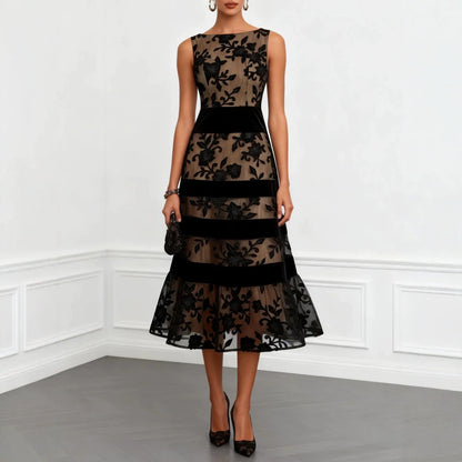 Nude Mesh Black Floral Lace Velvet Strip Sleeveless Midi Dress