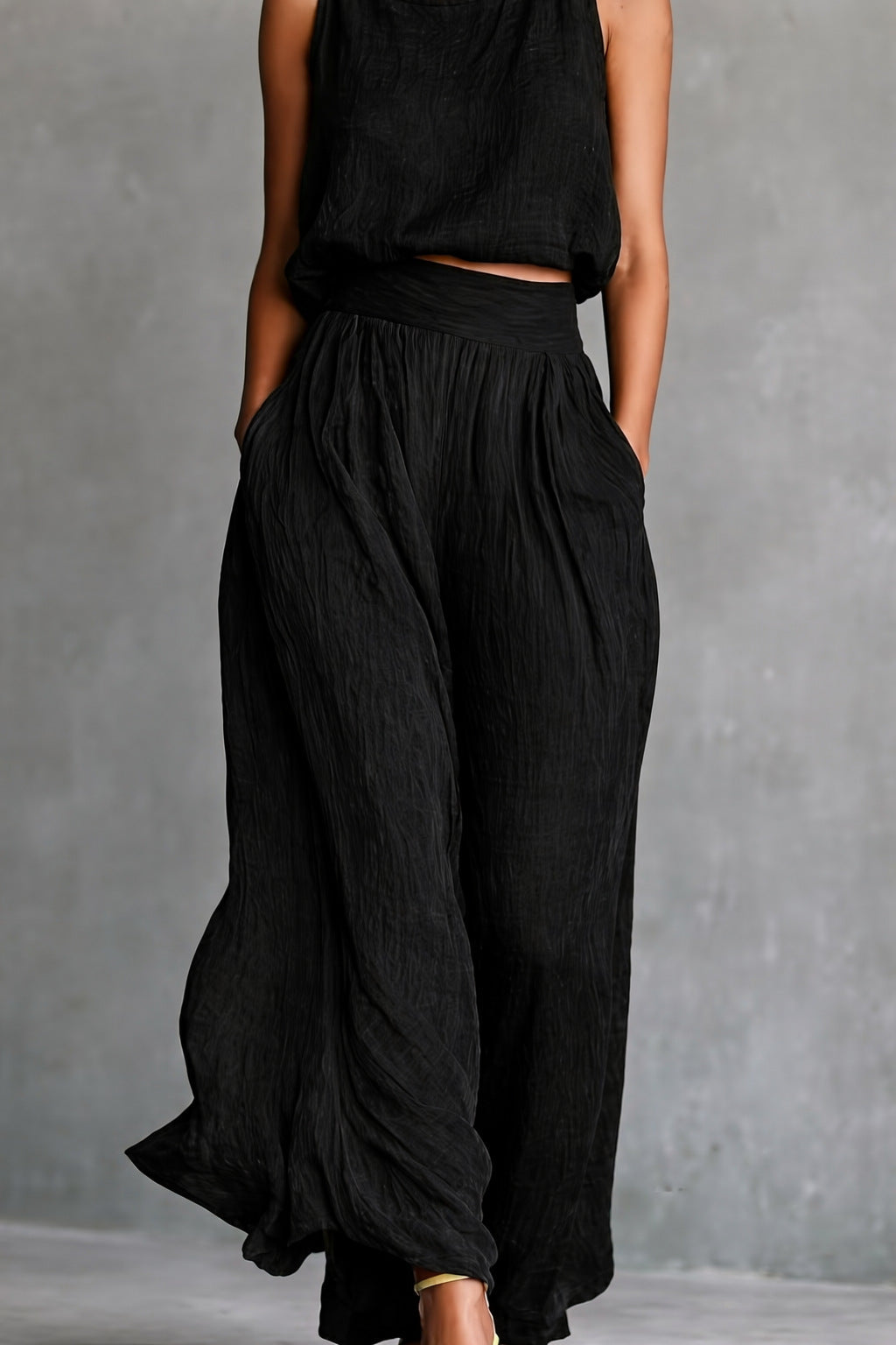 Chartreuse Textured Linen Matching Set, Sleeveless Tank Top & High Waist Flowy Wide Leg Pants