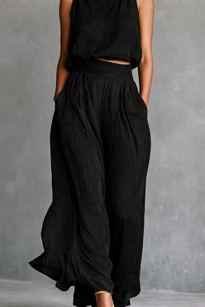 Chartreuse Textured Linen Matching Set, Sleeveless Tank Top & High Waist Flowy Wide Leg Pants
