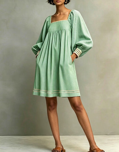 Striped Square Neck Balloon Sleeve Mini Dress