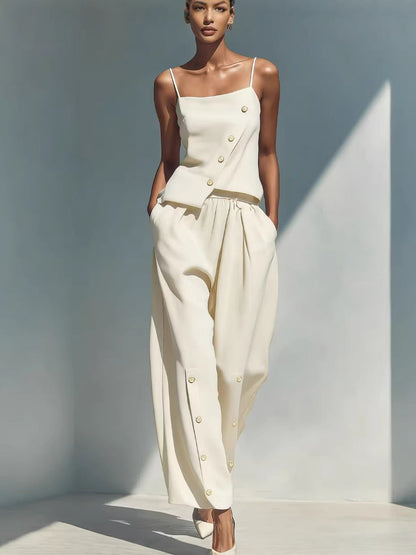Bright Blue Linen‑Blend Cami Top & Wide‑Leg Pants Two‑Piece Set