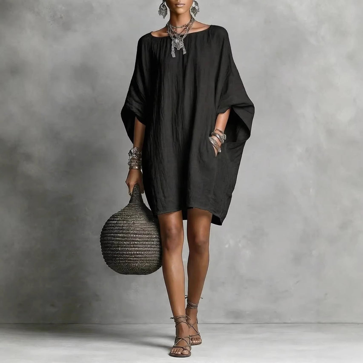 Women's Solid-color round-neck 3/4-sleeve Casual Loose Cotton-linen Dress