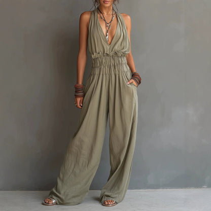 Halter Deep V Smocked Elastic Waist Wide Leg Palazzo Jumpsuit
