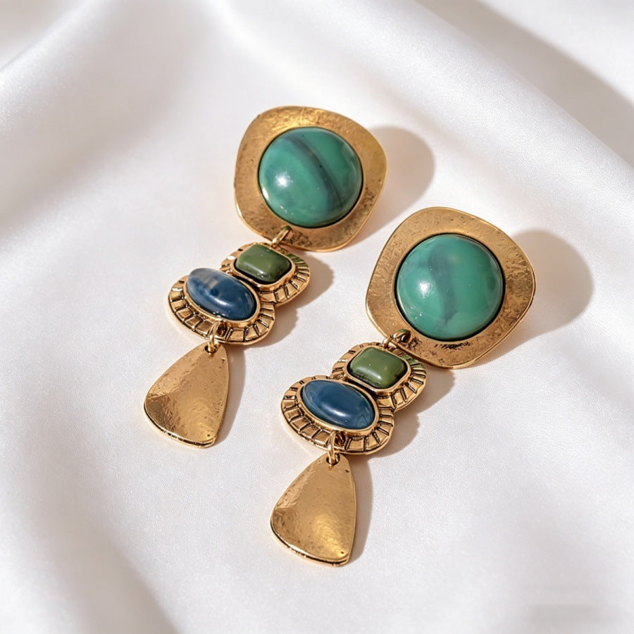 Vintage Multi-Colored Stone Tiered Drop Earrings Antique Gold Plated Boho Statement Dangle Earrings - EH5704