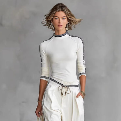 White Contrast Strip Trim Mock Neck 3/4 Sleeve Top