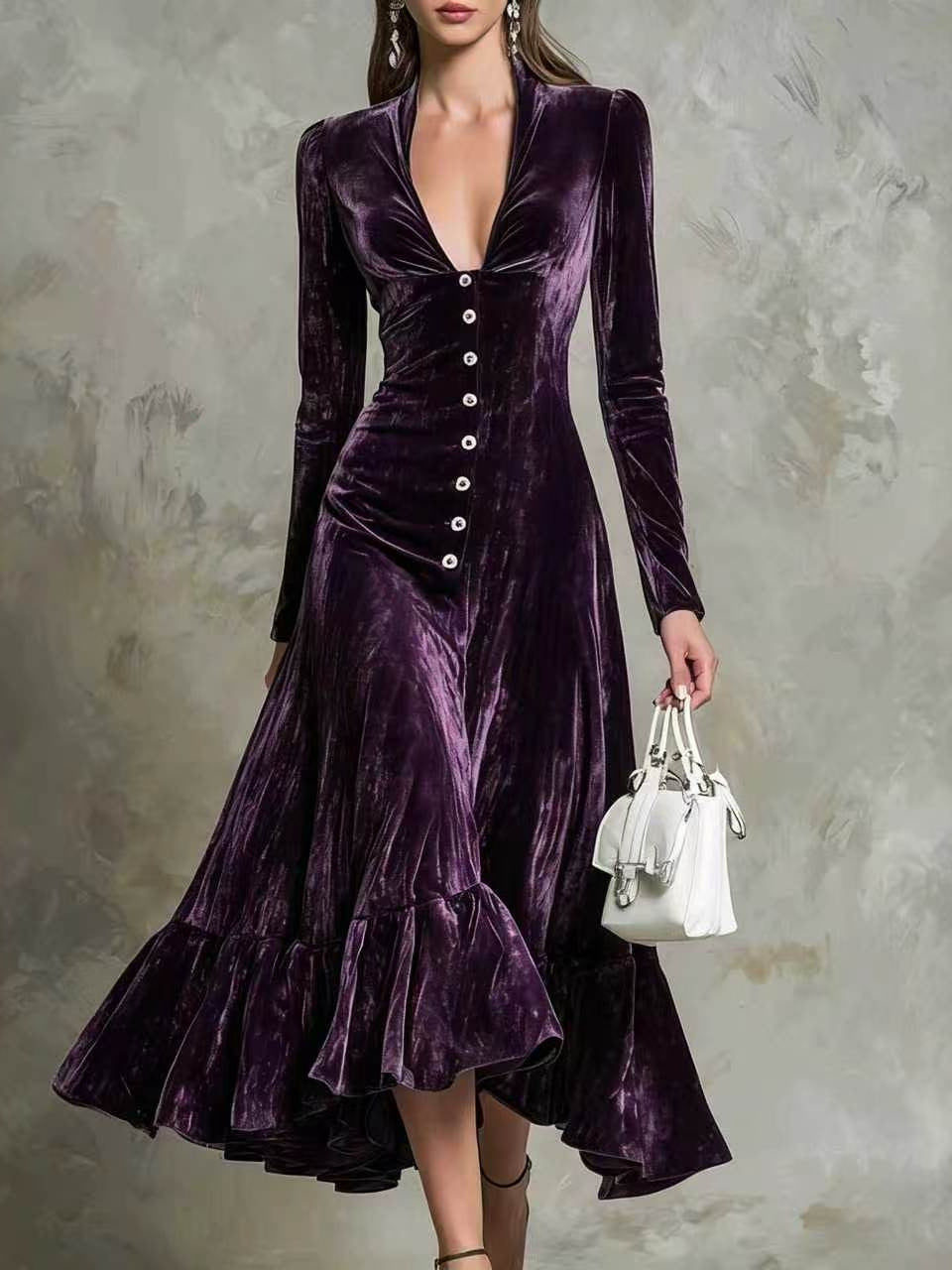 Robe midi en velours boutonnée sur le devant