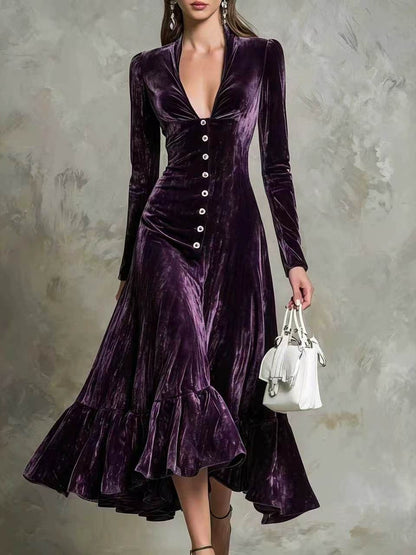 Robe midi en velours boutonnée sur le devant