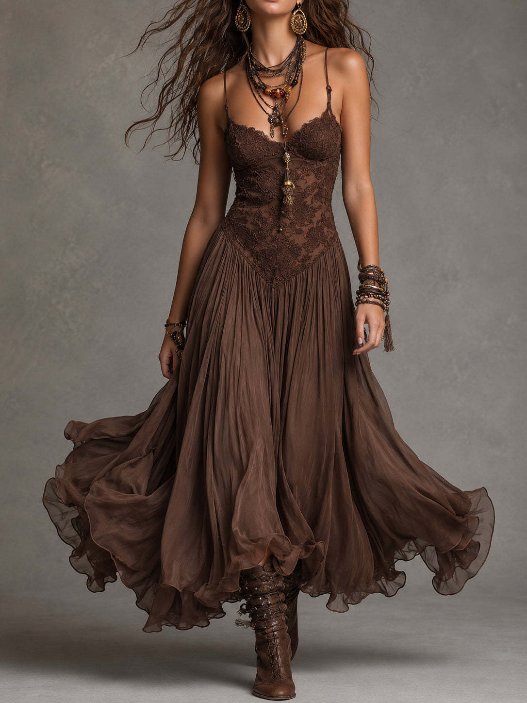 Robe maxi à corset en dentelle, à volants étagés