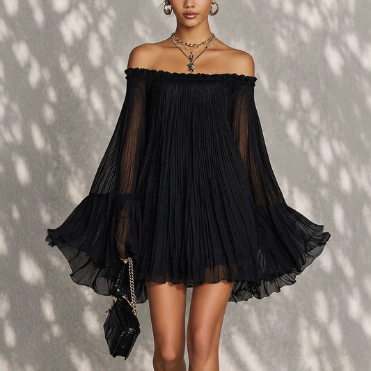 Off‑Shoulder Pleated Chiffon Bell‑Sleeve Mini Dress