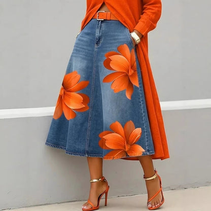 Floral Denim Midi Skirt