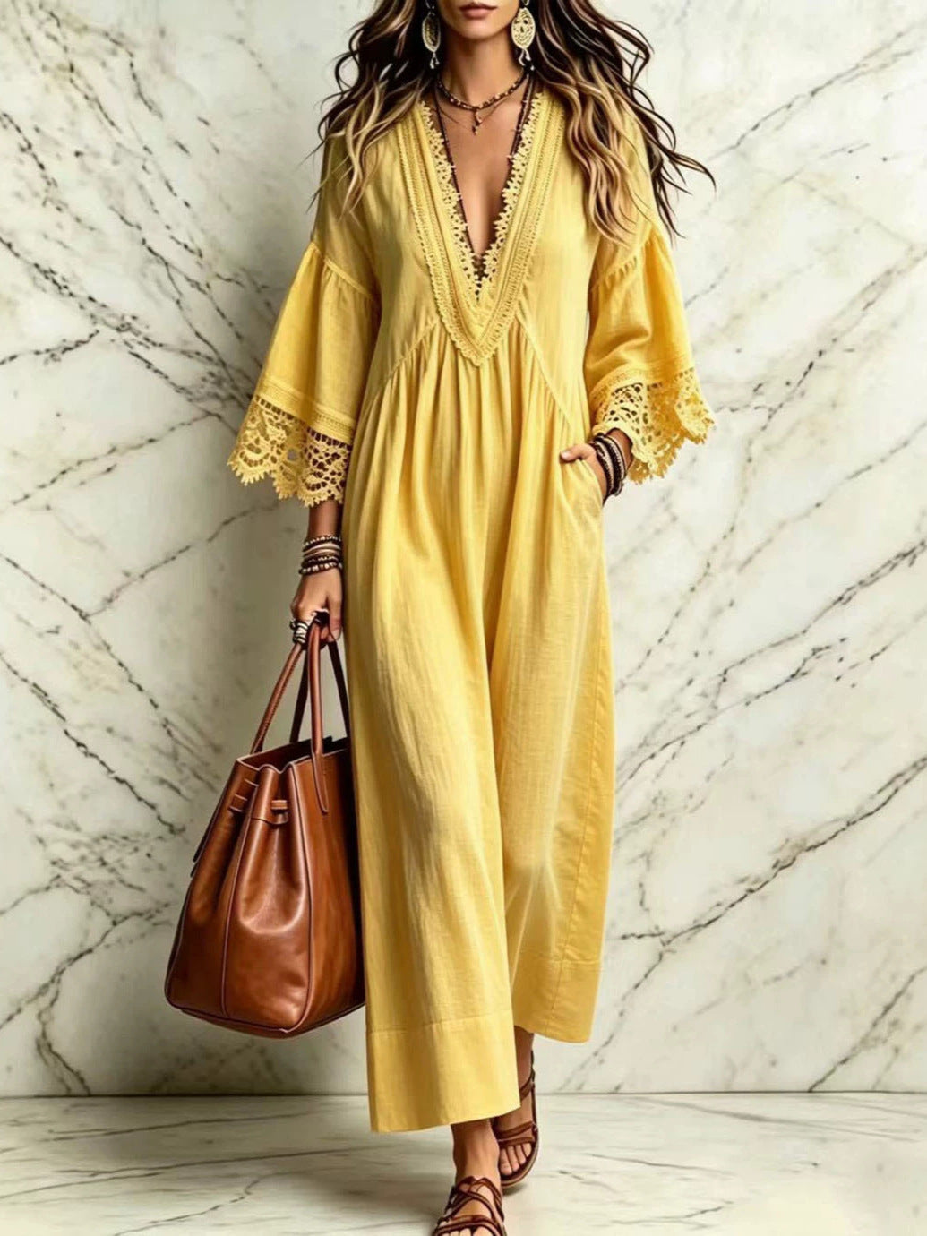 Robe longue bohème en dentelle et col en V pour femme, ample, manches 3/4, pour la plage ou les vacances