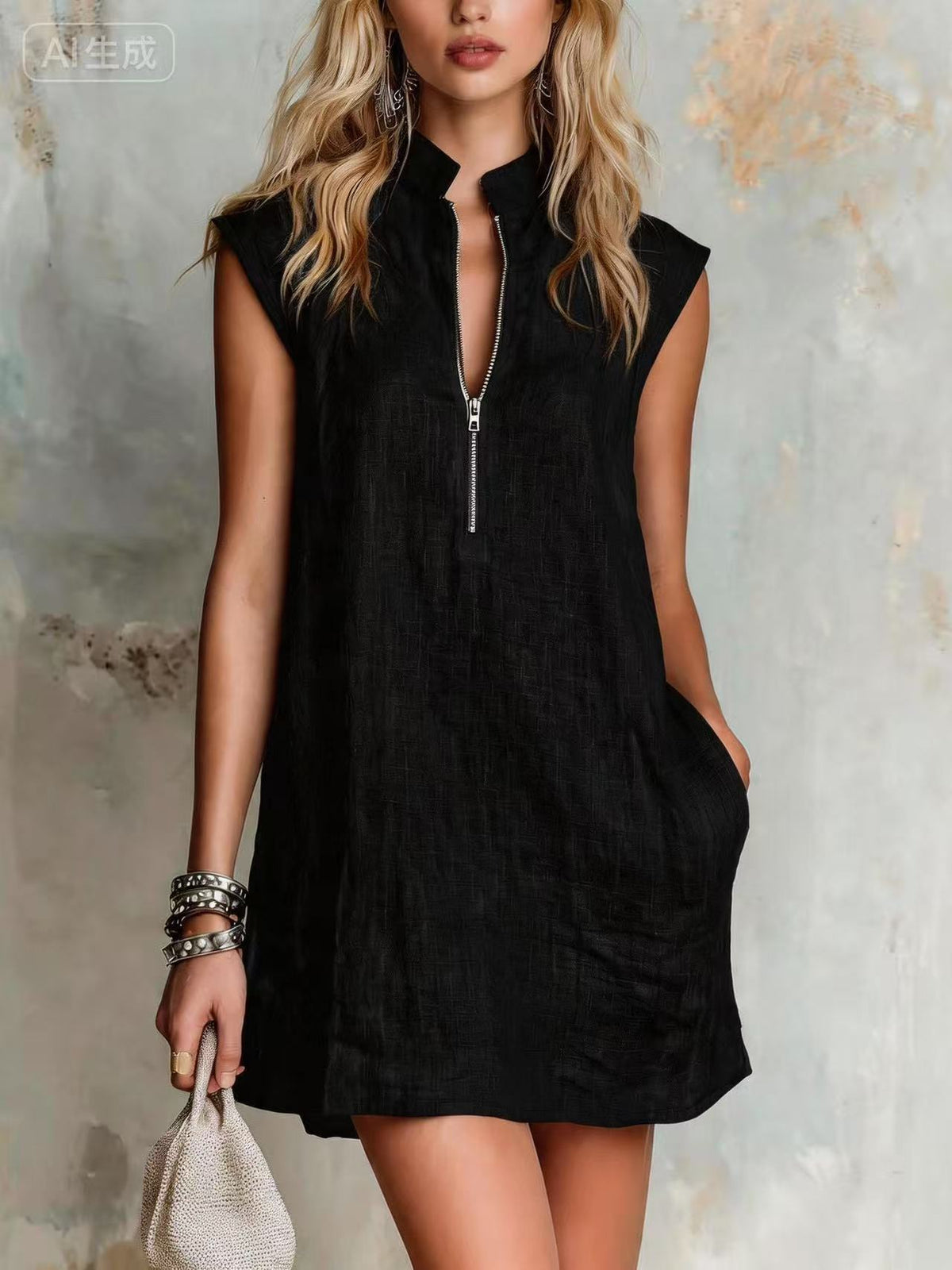 Linen Stand Collar Half Zip Sleeveless Pocket Mini Shift Dress